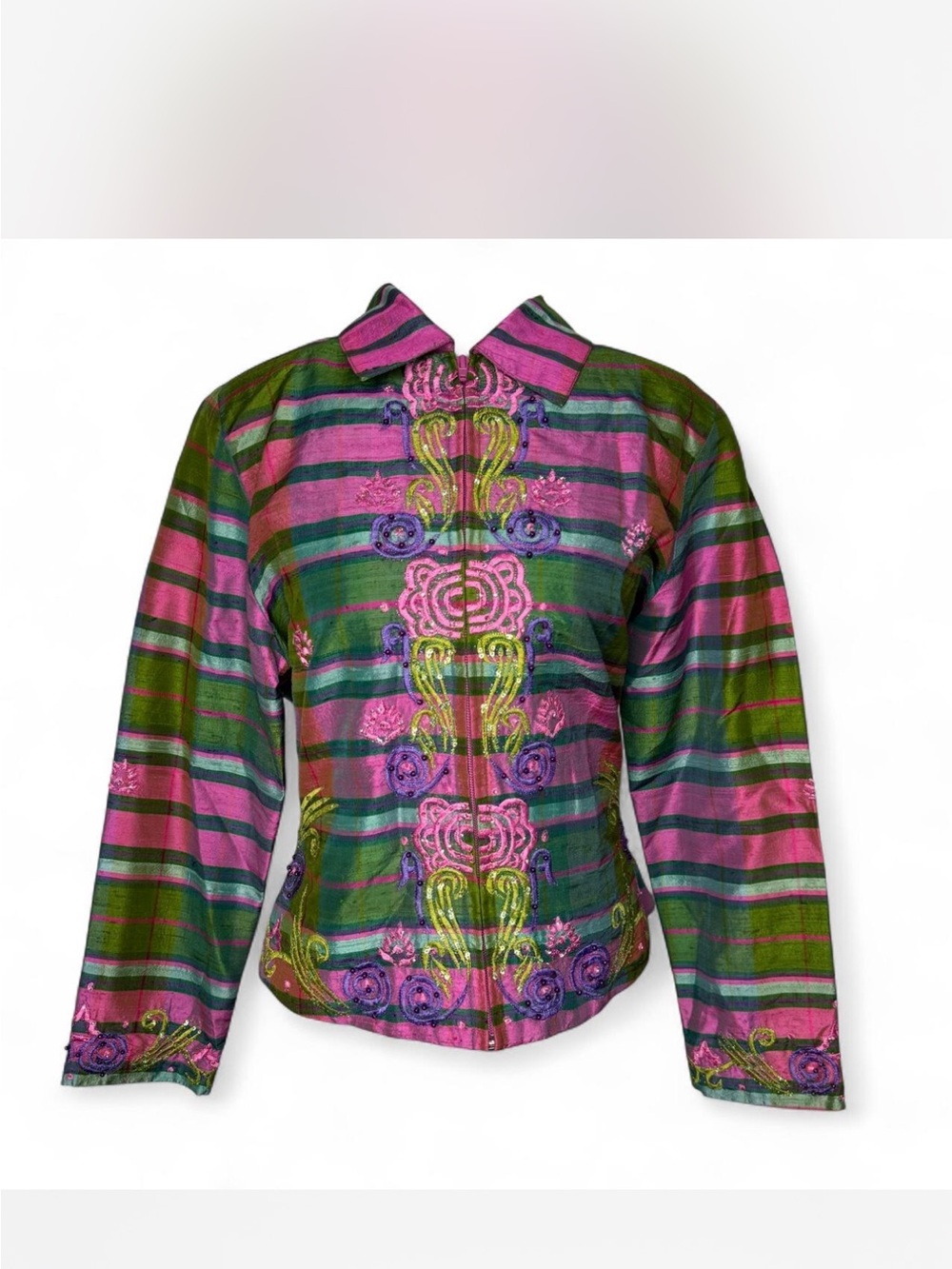 Anage Silk Lightweight Pink & Green Striped Embroidered Jacket